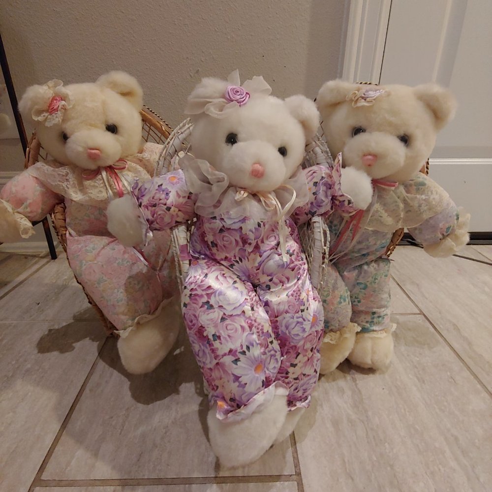 Vintage Teddy Bear Plush Dolls in Basket Chairs Lot of 3 MTY International